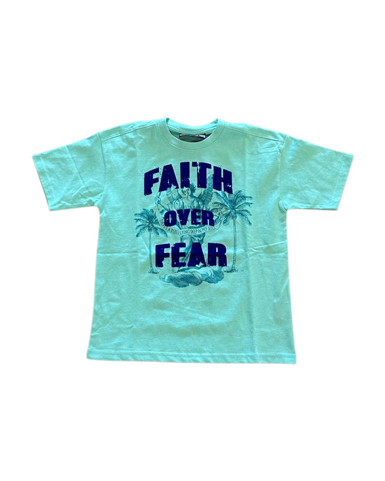 Light blue t-shirt with 'Faith Over Fear' text and palm tree design on a white background