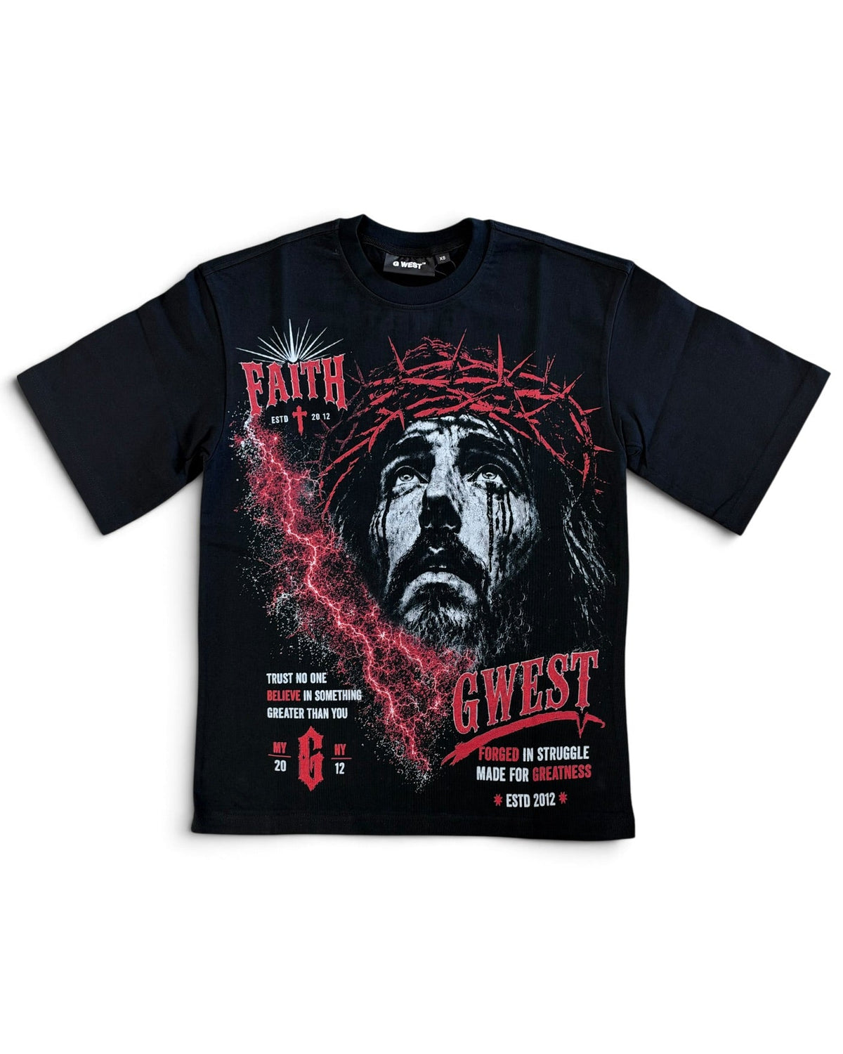 A black short-sleeve graphic t-shirt featuring a detailed front print of Jesus with a crown of thorns, red lightning, and text reading 'FAITH' and 'GWEST'.