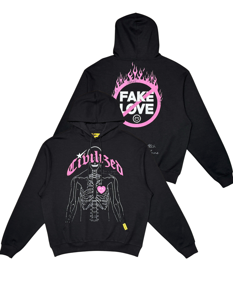 Black hoodie with 'FAKE LOVE' graphic on front and skeleton design on back, displayed from front and back views.