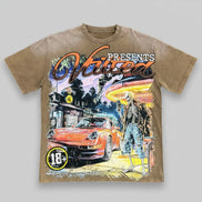 Brown t-shirt with a colorful graphic design on a gray background