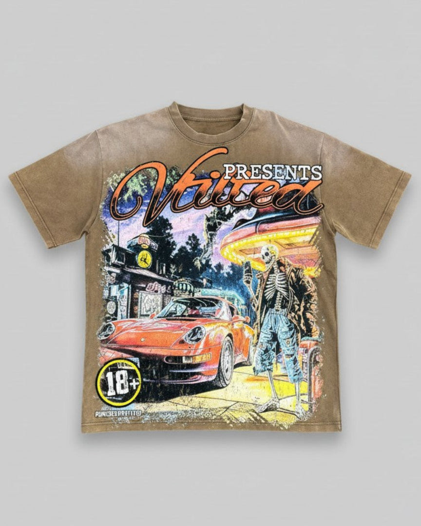 Brown t-shirt with a colorful graphic design on a gray background