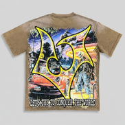 T-shirt with a colorful graphic design on a plain background
