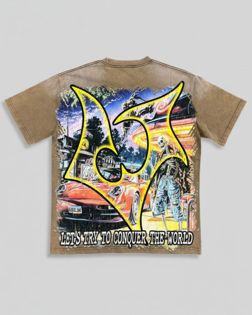 T-shirt with a colorful graphic design on a plain background