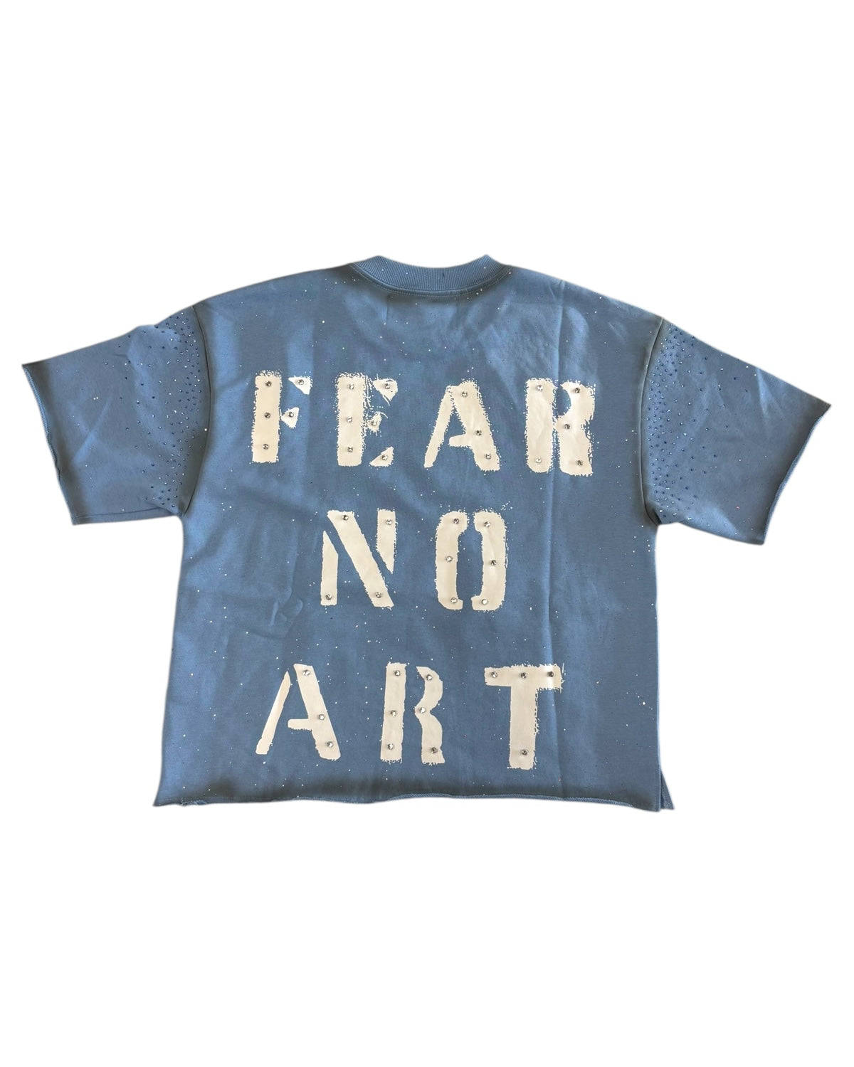 Blue t-shirt with 'FEAR NO ART' text on a white background