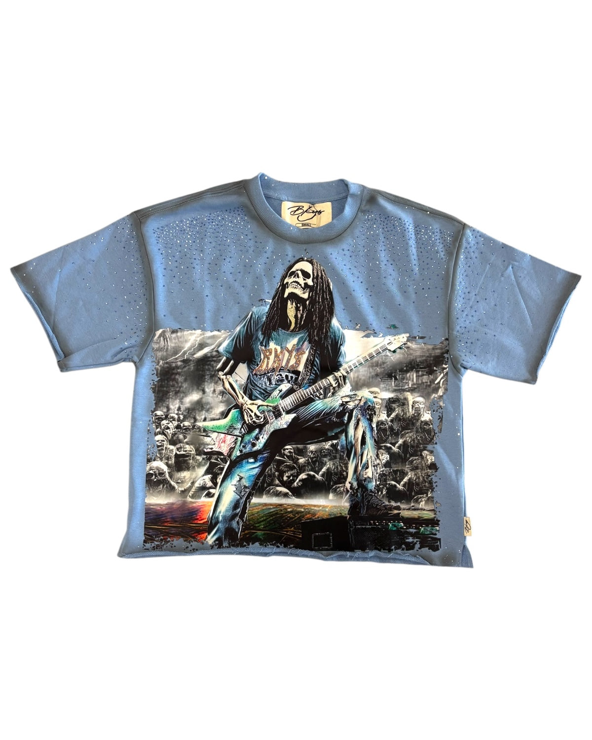 T-shirt with a graphic of a musician playing guitar on a white background