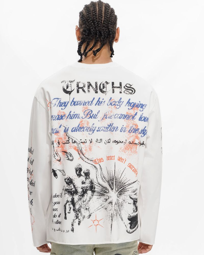 Person wearing a white sweatshirt with text and graphics on the back, standing against a white background.