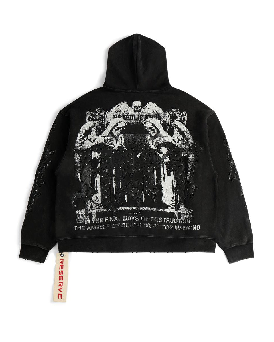 Black hoodie with graphic design and 'Reserve' tag on a white background