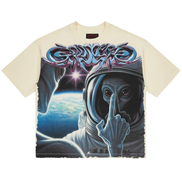 T-shirt with an alien in an astronaut suit and 'GODSPEED' logo on a beige background