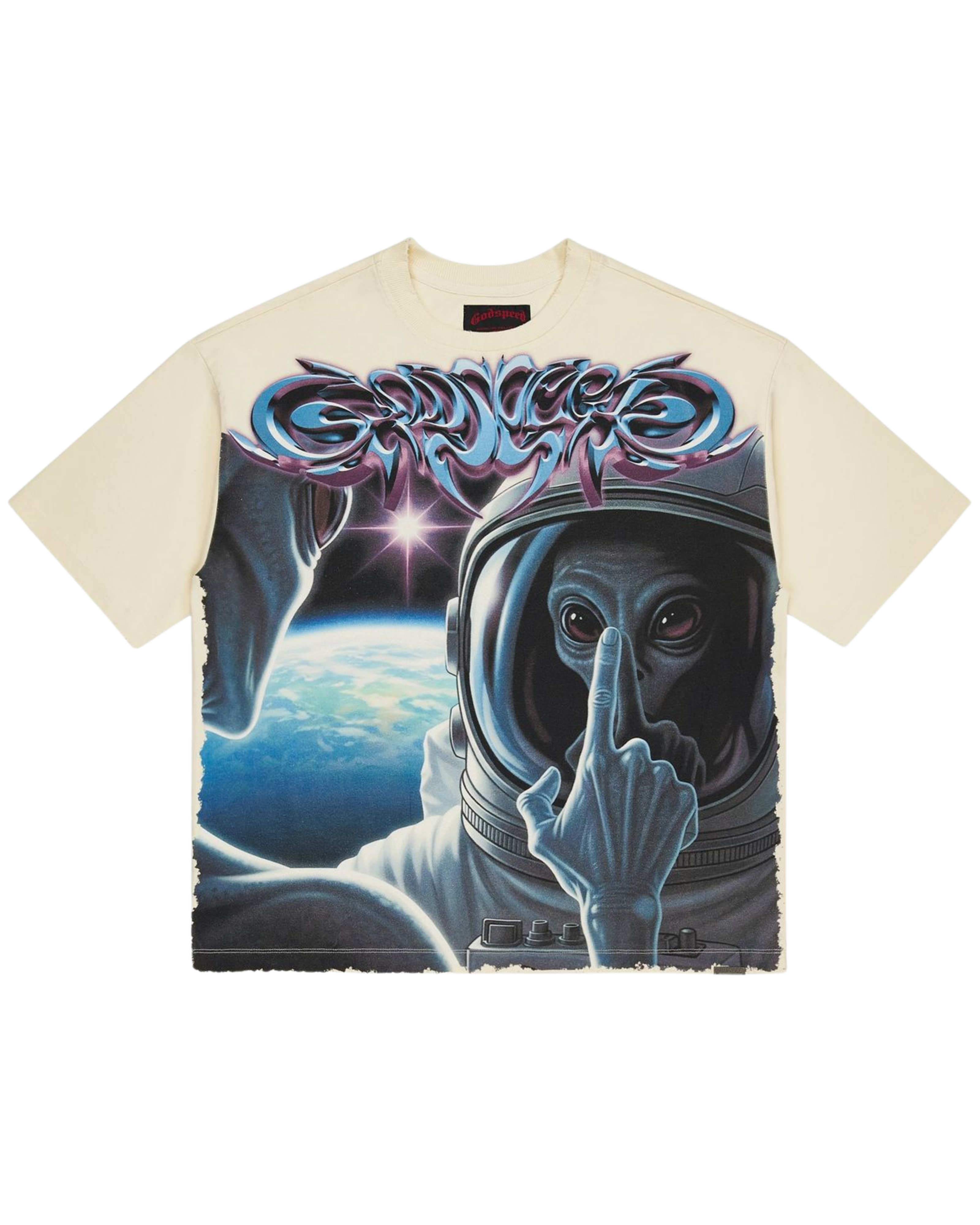 T-shirt with an alien in an astronaut suit and 'GODSPEED' logo on a beige background