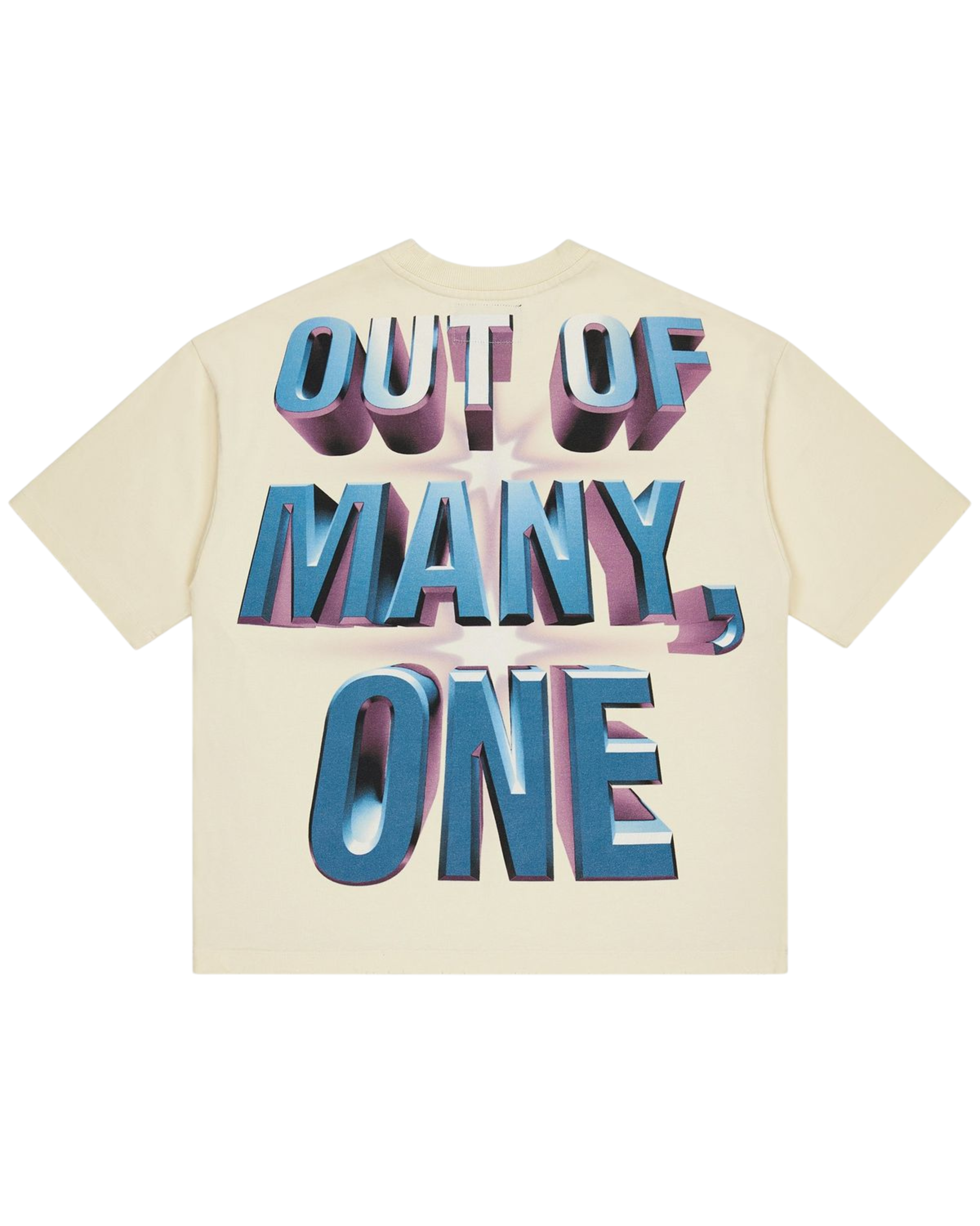Beige t-shirt with colorful 'OUT OF MANY, ONE' text design on a white background