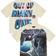 Beige t-shirt with 'Out of Many, One' text and space-themed graphic on a white background