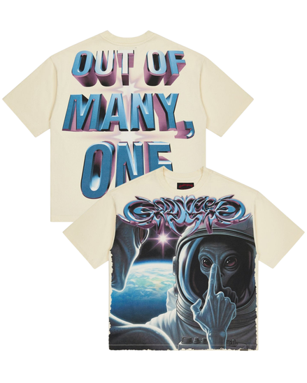 Beige t-shirt with 'Out of Many, One' text and space-themed graphic on a white background