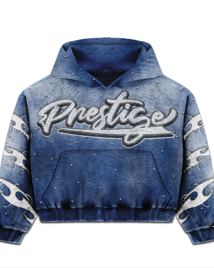 Blue hoodie with 'Prestige' text and flame designs on a white background