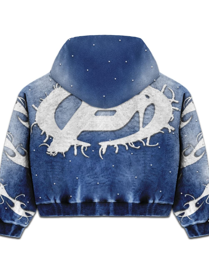 Blue hoodie with white dragon design on a white background