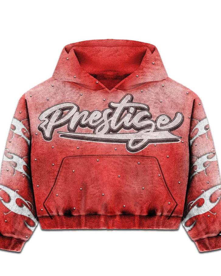 Red hoodie with 'Prestige' branding on a white background