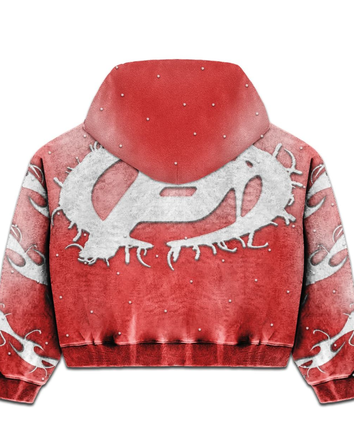 Red hoodie with white dragon design on a white background