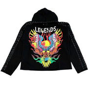 Black hoodie with colorful eagle design and 'Legends' text on a white background