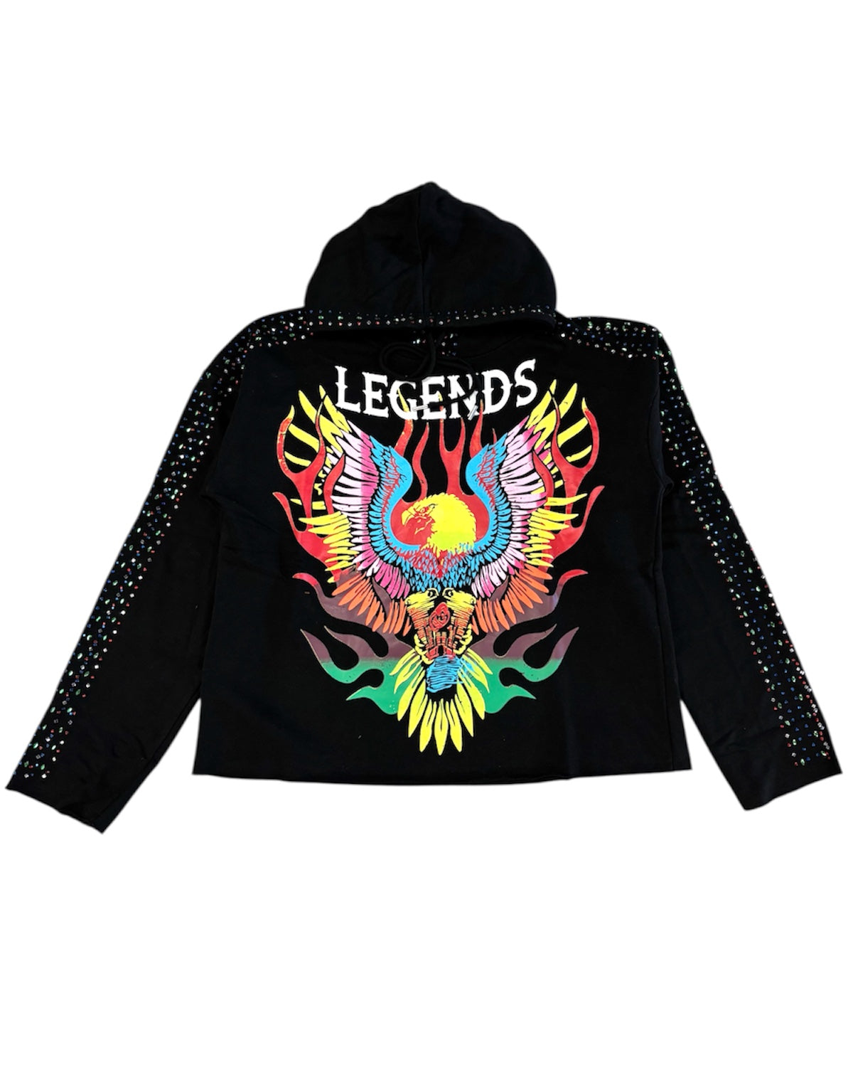Black hoodie with colorful eagle design and 'Legends' text on a white background