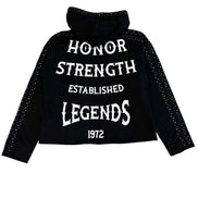 Black jacket with white text on a white background