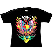 Black t-shirt with colorful eagle design and 'LEGENDS' text on a white background