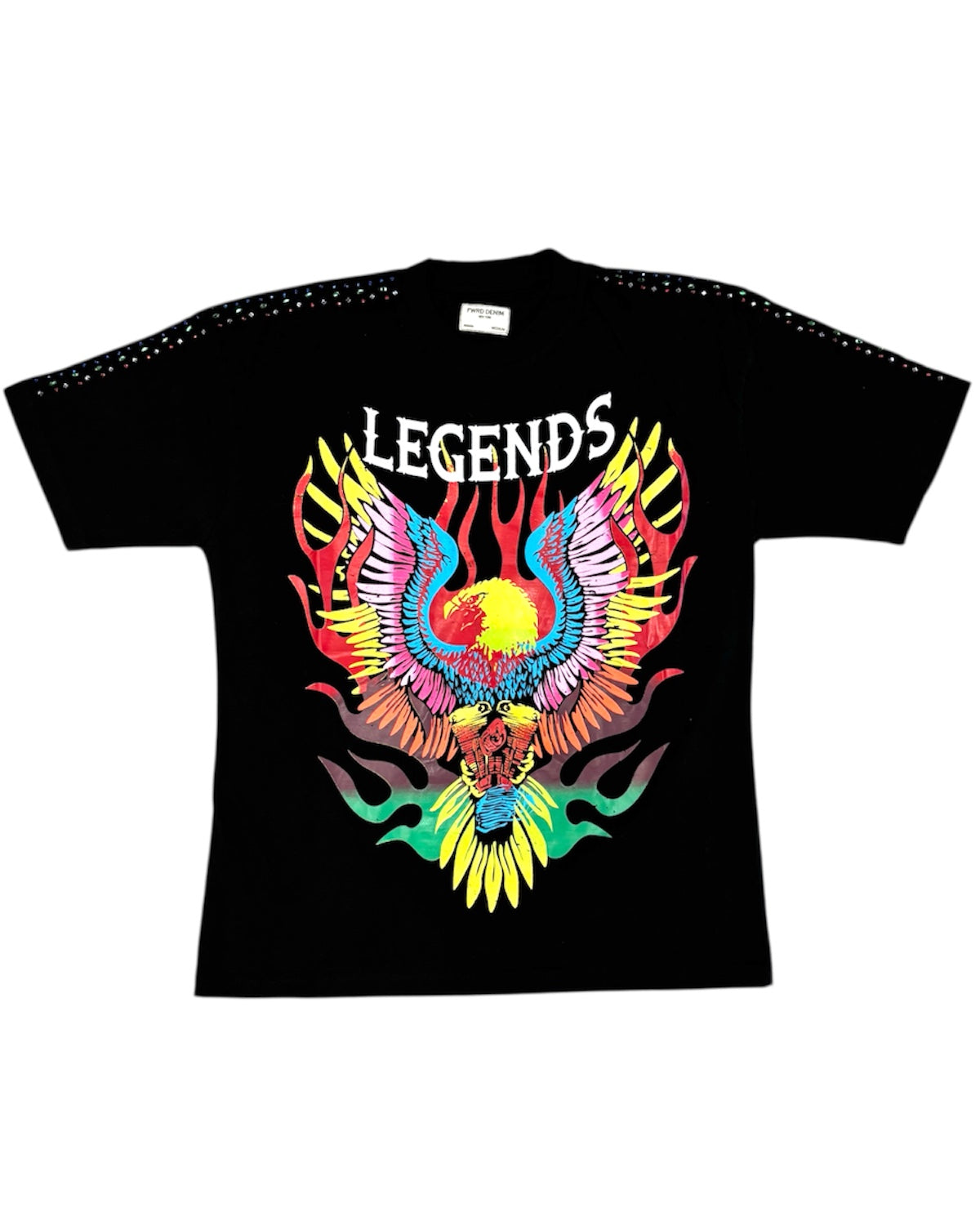 Black t-shirt with colorful eagle design and 'LEGENDS' text on a white background