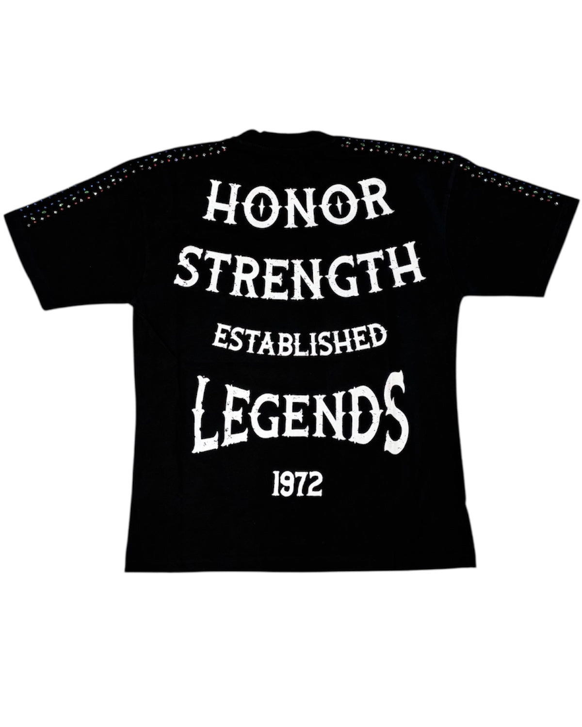 Black t-shirt with white text 'Honor Strength Established Legends 1972' on a white background