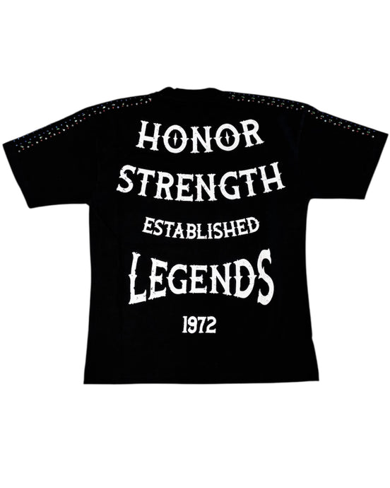 Black t-shirt with white text 'Honor Strength Established Legends 1972' on a white background