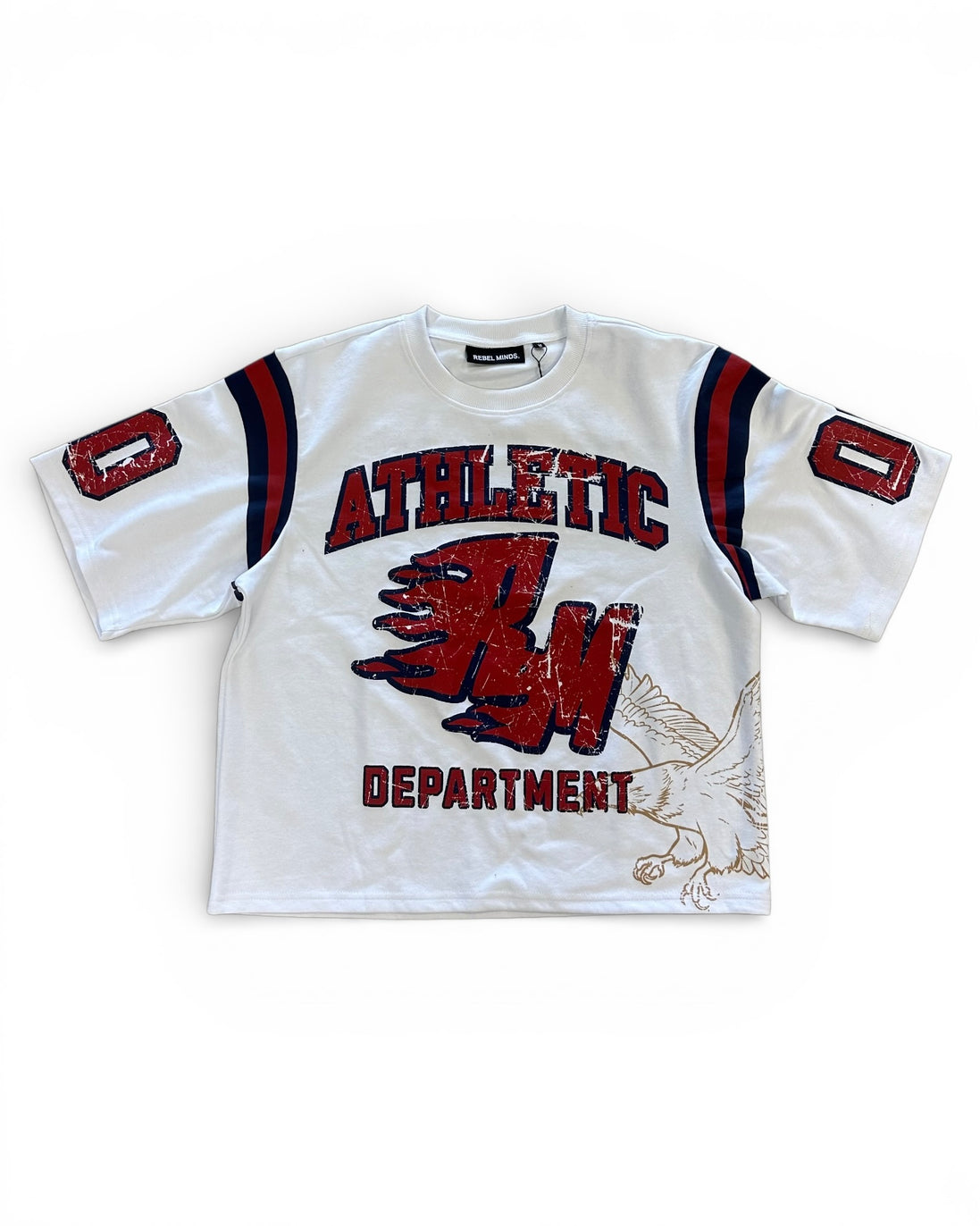 Vintage-style athletic shirt with 'Athletic Department' text and logo on a white background