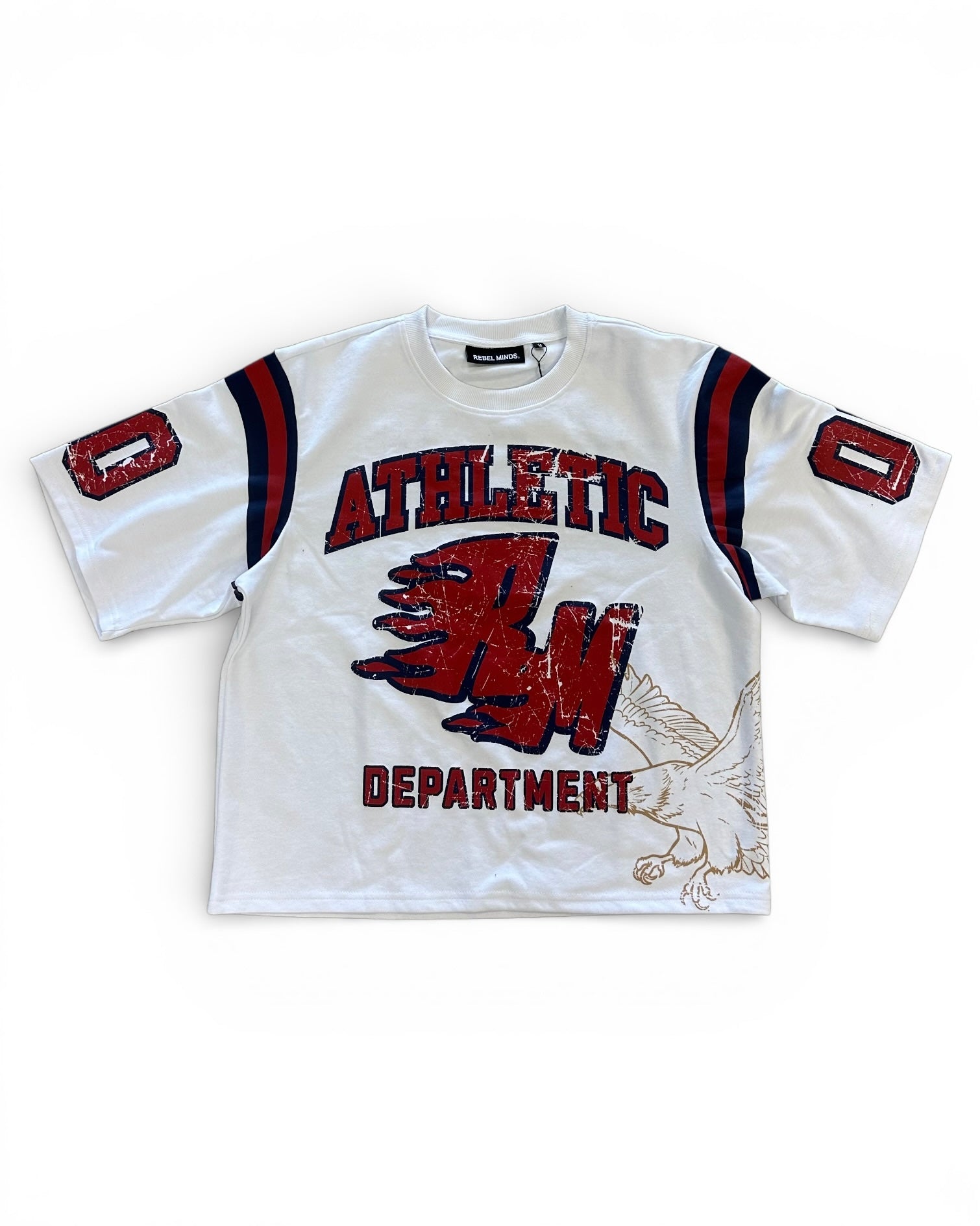 Vintage-style athletic shirt with 'Athletic Department' text and logo on a white background