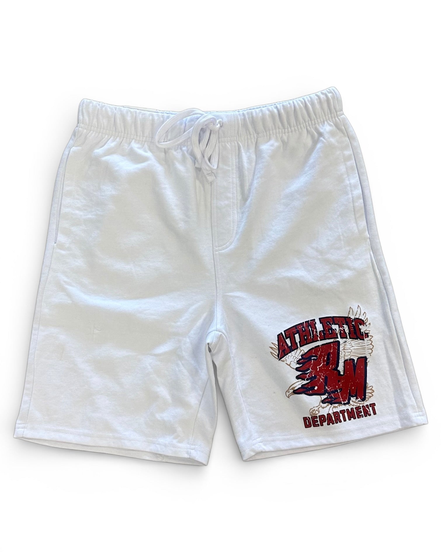 White shorts with 'Athletic Department' print on a white background