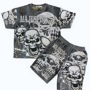 Children's t-shirt and shorts set with skull design and 'Majesty Dept.' text on a white background