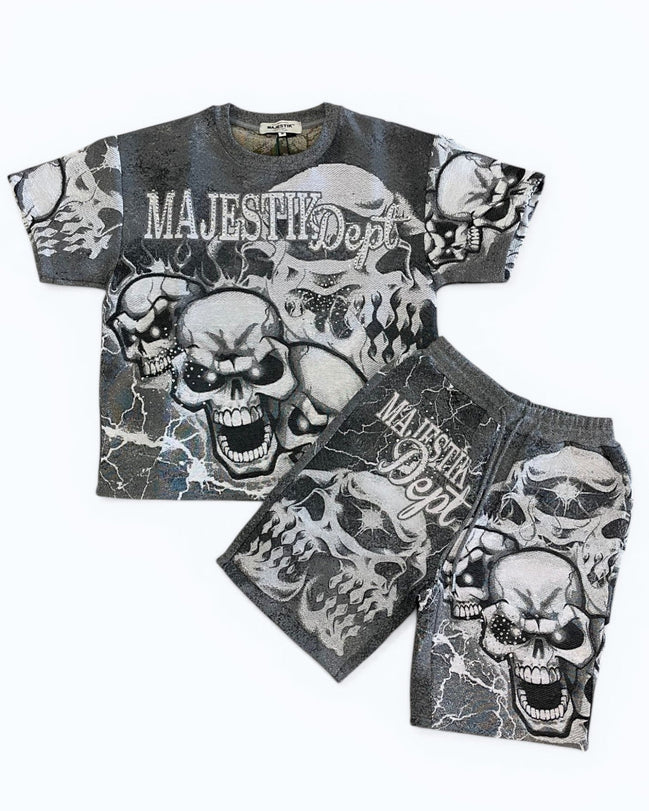 Children's t-shirt and shorts set with skull design and 'Majesty Dept.' text on a white background