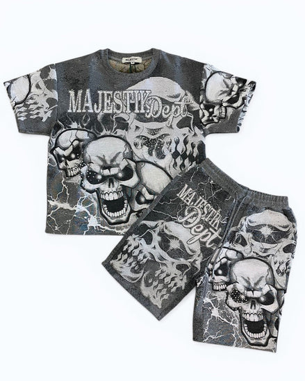 Children's t-shirt and shorts set with skull design and 'Majesty Dept.' text on a white background