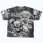 T-shirt with skull design and 'Majesty Dept.' text on a white background