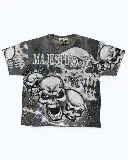 T-shirt with skull design and 'Majesty Dept.' text on a white background