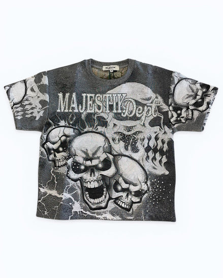 T-shirt with skull design and 'Majesty Dept.' text on a white background