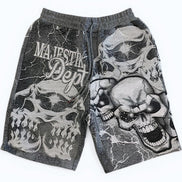 Gray shorts with skull designs and 'Majestik Dept' text on a white background