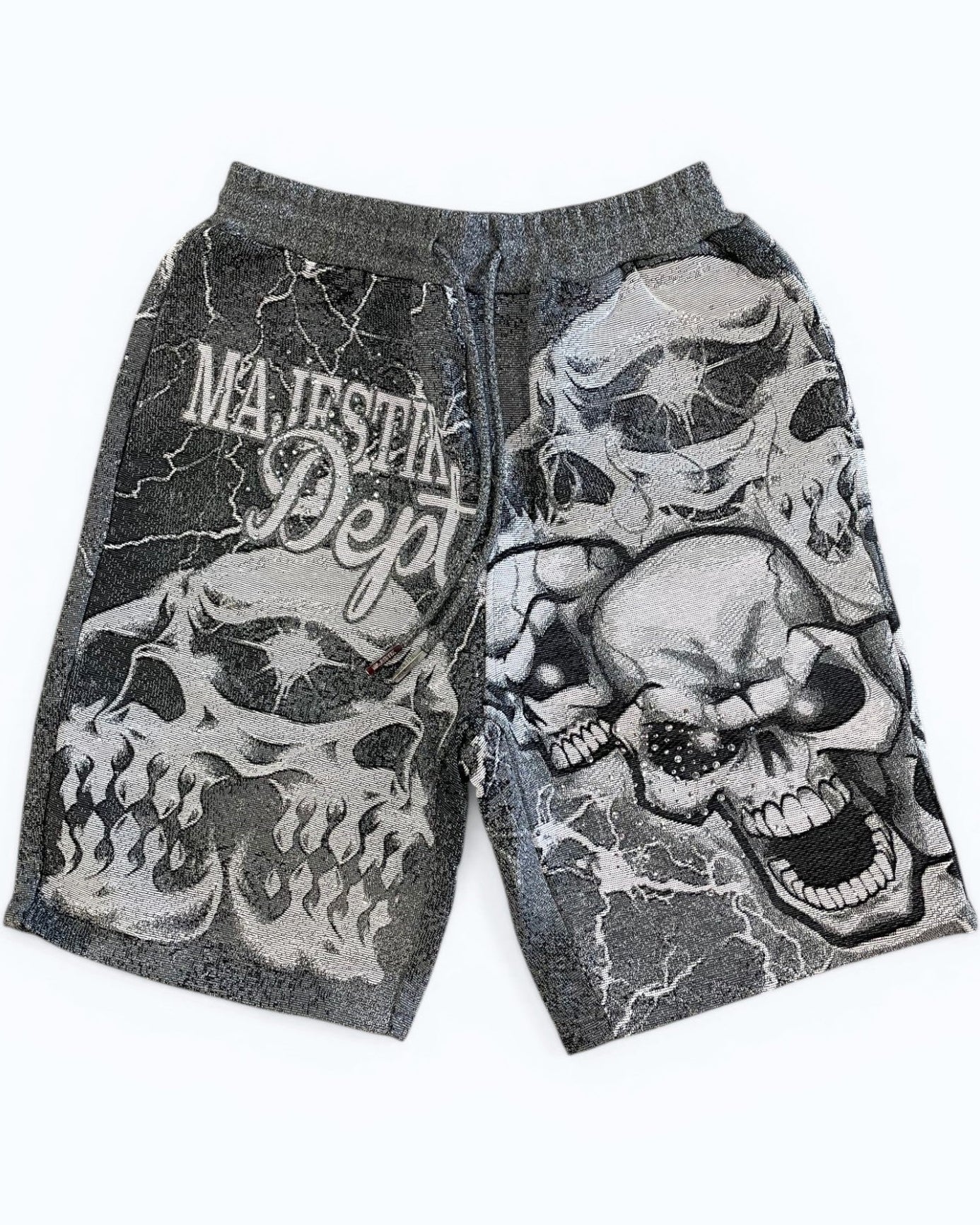 Gray shorts with skull designs and 'Majestik Dept' text on a white background