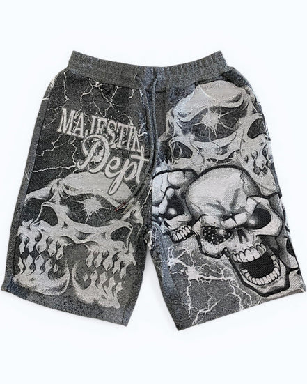 Gray shorts with skull designs and 'Majestik Dept' text on a white background