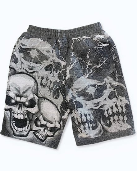 Gray shorts with skull designs on a white background
