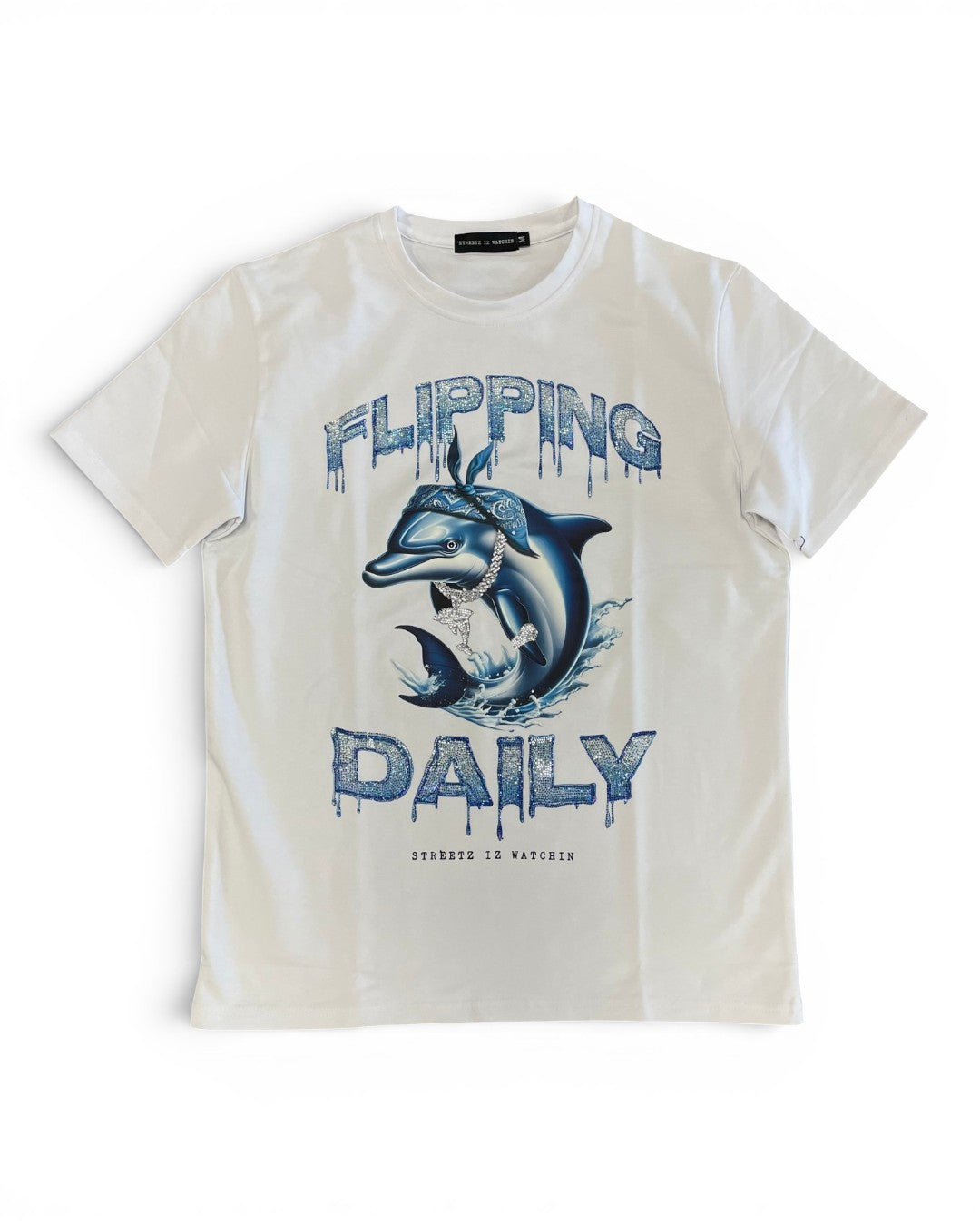 White t-shirt with a dolphin graphic and 'Flipping Daily' text on a white background