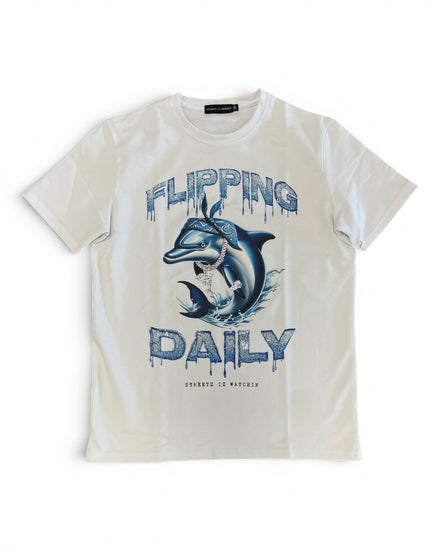White t-shirt with a dolphin graphic and 'Flipping Daily' text on a white background