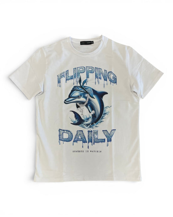 White t-shirt with a dolphin graphic and 'Flipping Daily' text on a white background