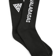 Black socks with white text and logo on a white background