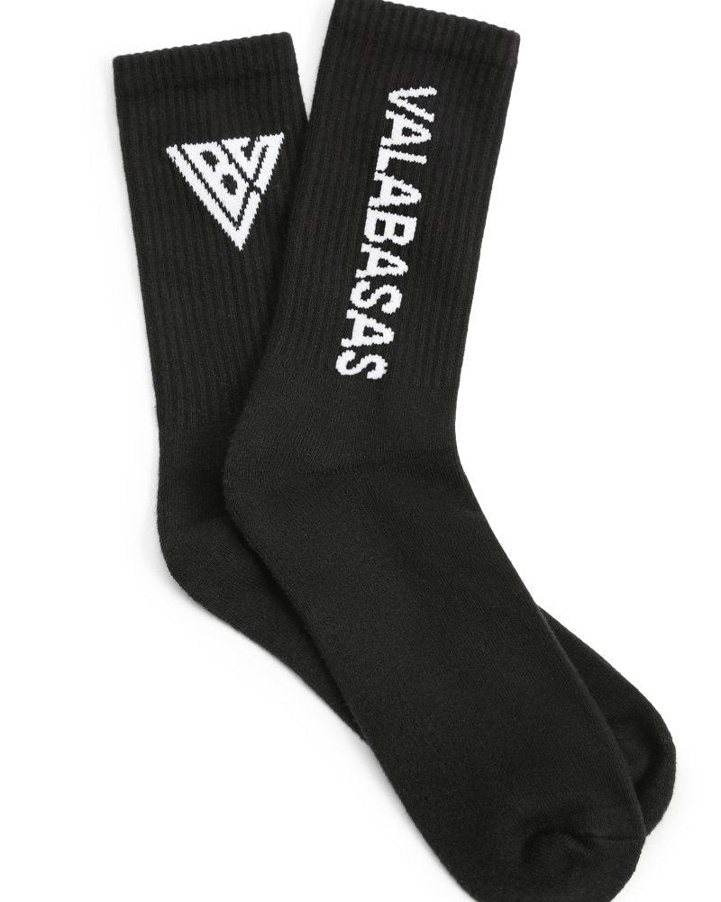 Black socks with white text and logo on a white background