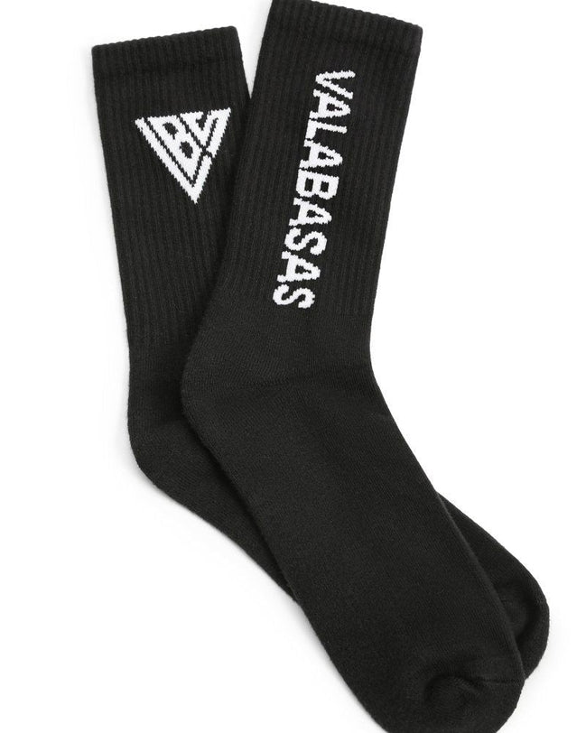 Black socks with white text and logo on a white background