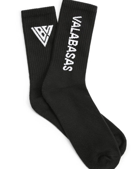 Black socks with white text and logo on a white background