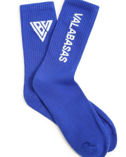 Blue socks with a logo and text on a white background
