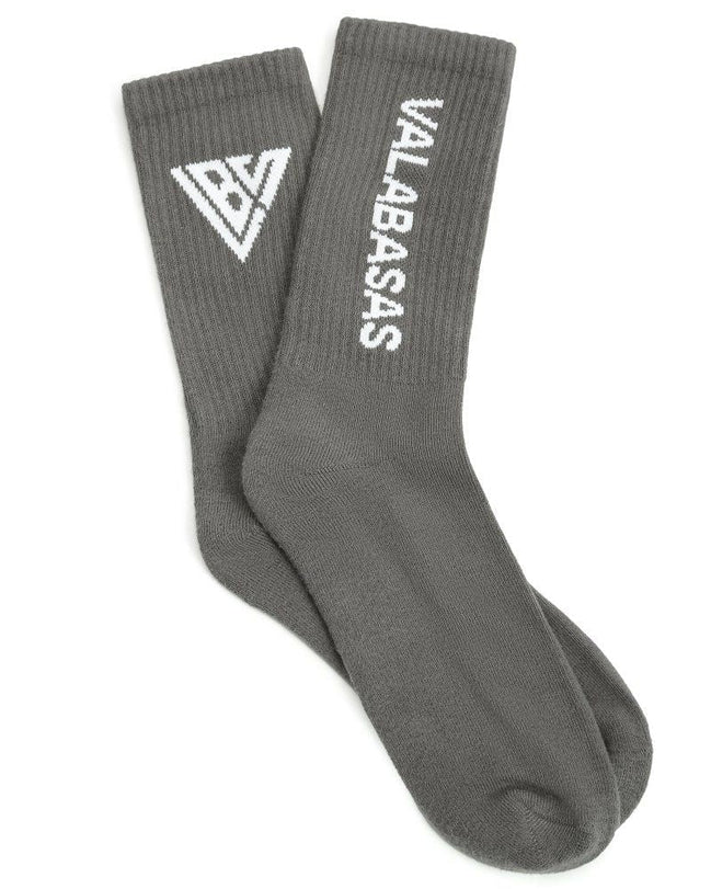 Gray socks with a logo and text on a white background