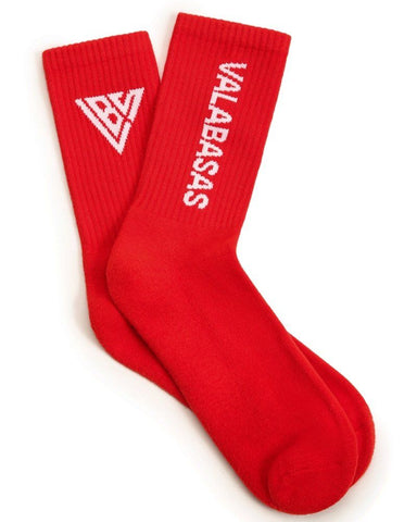 Red socks with white logo and text on a white background